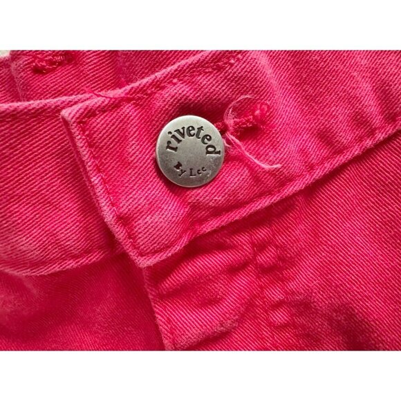 Vintage LEE Riveted 90s Red Denim Carpenter High Waisted Shorts Sz 29 - Picture 3 of 8
